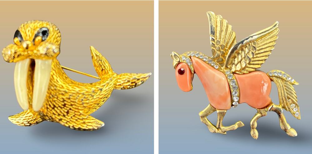 VINTAGE WALRUS & PEGASUS Lucite Brooches Hatti Carnegie?